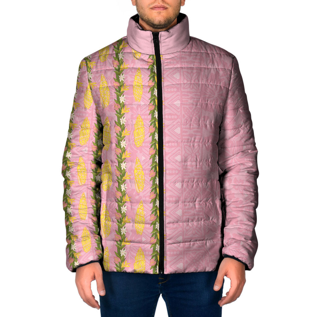 Hawaii Shell Tiare Anthurium Heliconia Lei Padded Jacket With Tapa Pattern Baby Pink LT05 Men Pink - Polynesian Pride