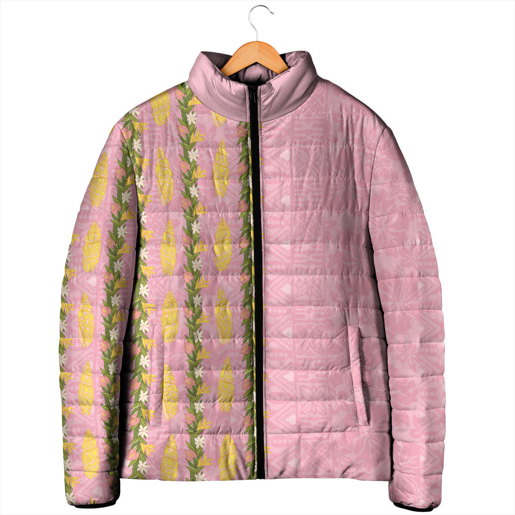 Hawaii Shell Tiare Anthurium Heliconia Lei Padded Jacket With Tapa Pattern Baby Pink LT05 - Polynesian Pride