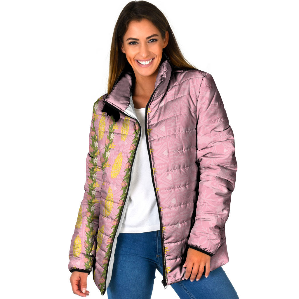 Hawaii Shell Tiare Anthurium Heliconia Lei Padded Jacket With Tapa Pattern Baby Pink LT05 Women Pink - Polynesian Pride