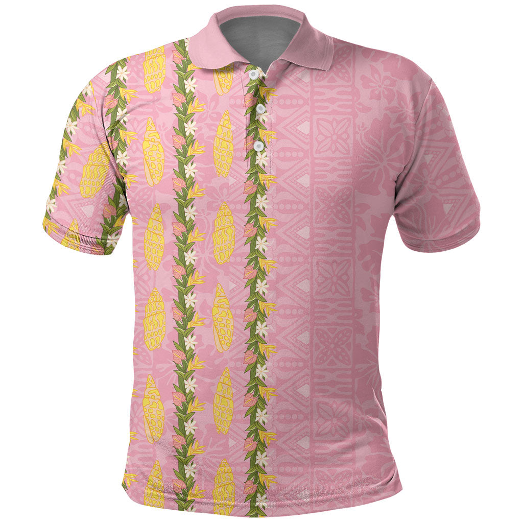 Hawaii Shell Tiare Anthurium Heliconia Lei Polo Shirt With Tapa Pattern Baby Pink LT05 Pink - Polynesian Pride