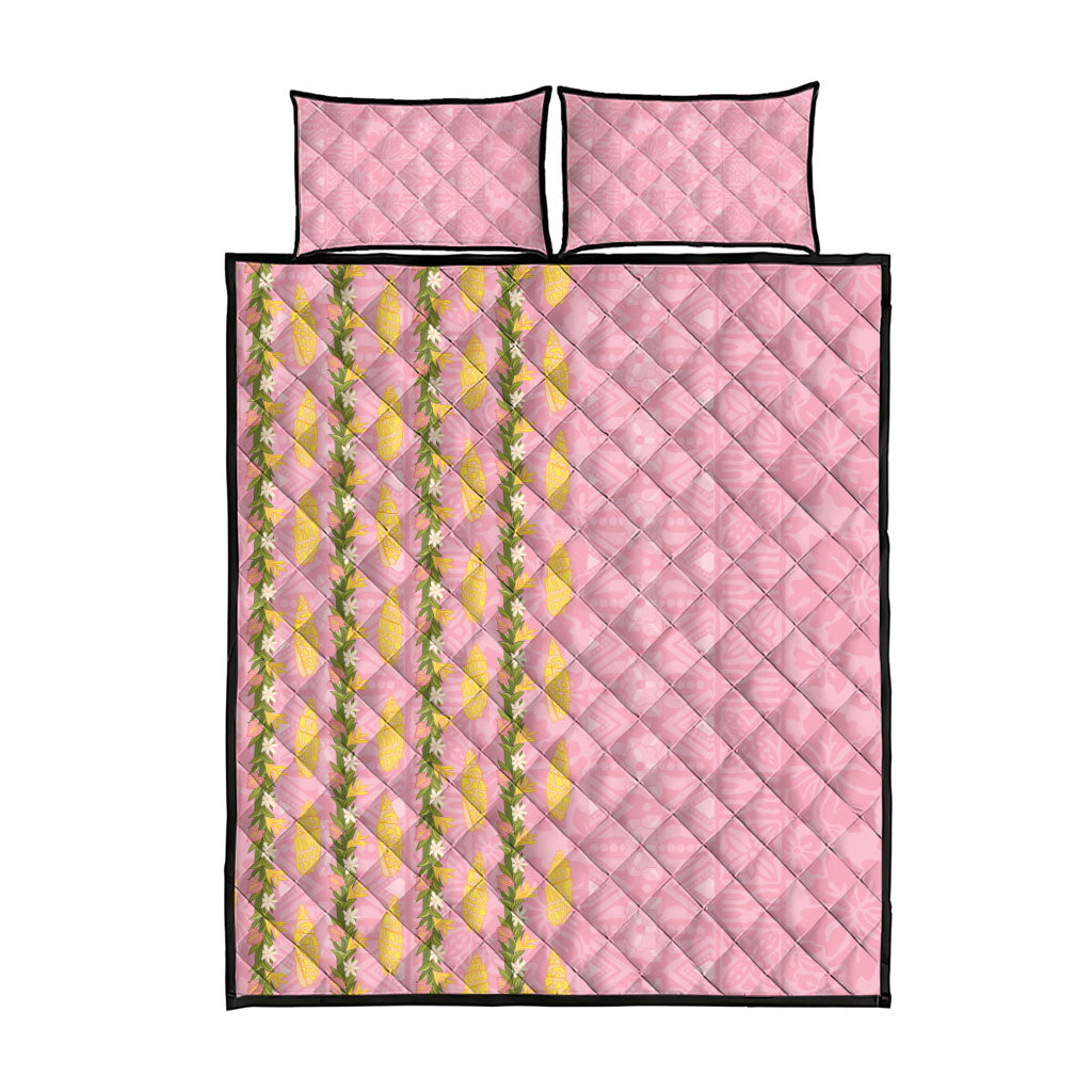 Hawaii Shell Tiare Anthurium Heliconia Lei Quilt Bed Set With Tapa Pattern Baby Pink LT05 - Polynesian Pride