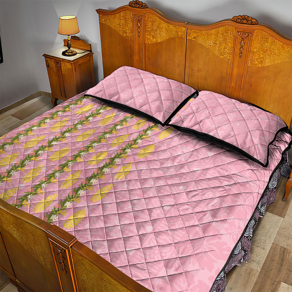 Hawaii Shell Tiare Anthurium Heliconia Lei Quilt Bed Set With Tapa Pattern Baby Pink LT05 - Polynesian Pride