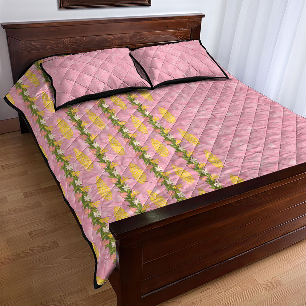 Hawaii Shell Tiare Anthurium Heliconia Lei Quilt Bed Set With Tapa Pattern Baby Pink LT05 - Polynesian Pride