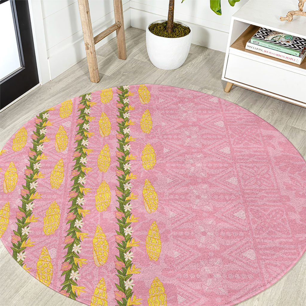 Hawaii Shell Tiare Anthurium Heliconia Lei Round Carpet With Tapa Pattern Baby Pink LT05 Pink - Polynesian Pride