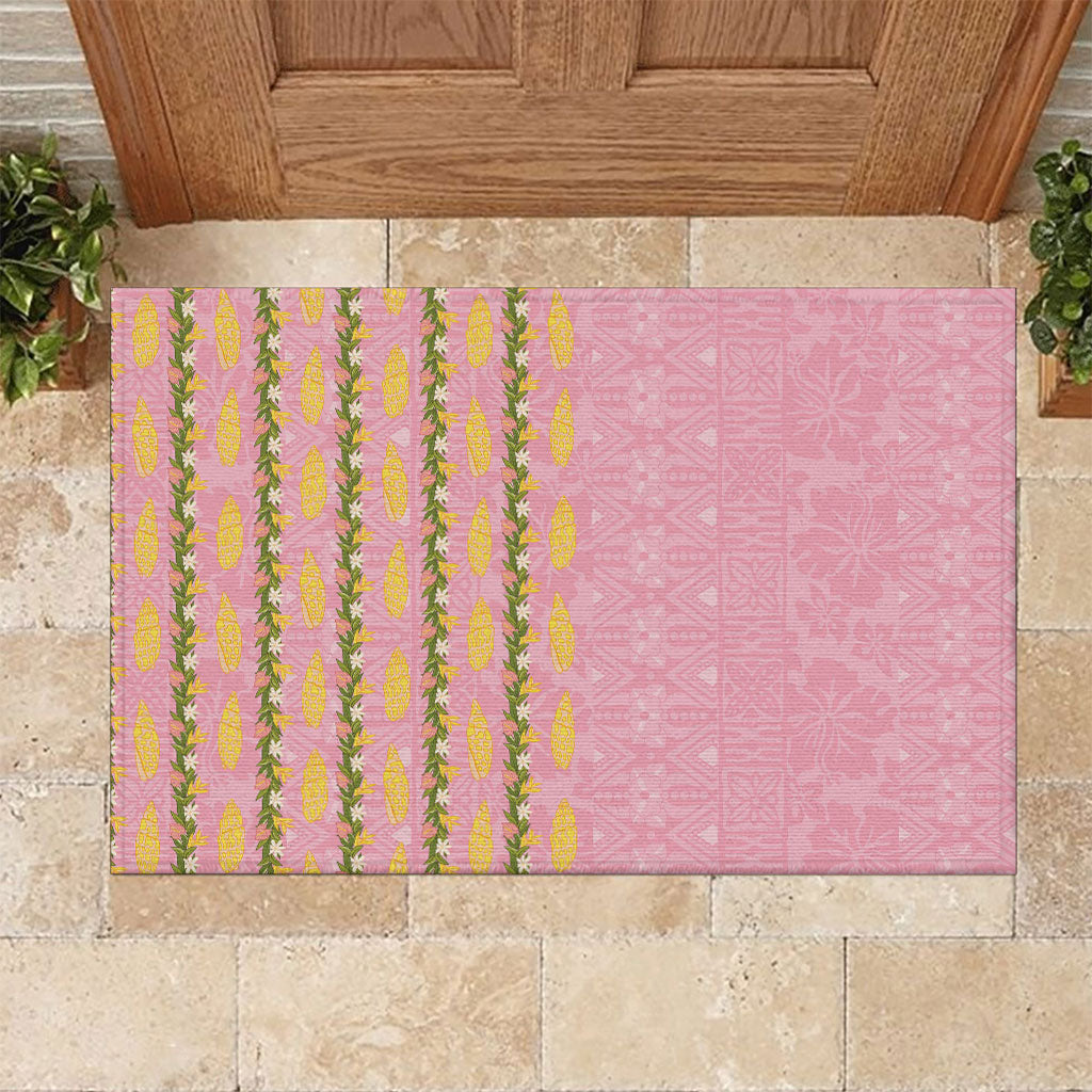 Hawaii Shell Tiare Anthurium Heliconia Lei Rubber Doormat With Tapa Pattern Baby Pink LT05 Pink - Polynesian Pride