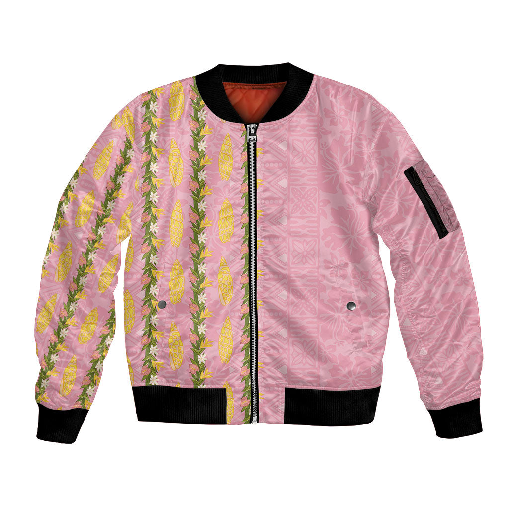Hawaii Shell Tiare Anthurium Heliconia Lei Sleeve Zip Bomber Jacket With Tapa Pattern Baby Pink LT05 Unisex Pink - Polynesian Pride