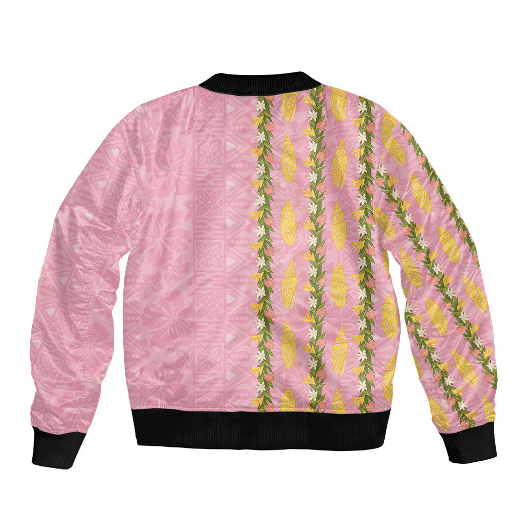 Hawaii Shell Tiare Anthurium Heliconia Lei Sleeve Zip Bomber Jacket With Tapa Pattern Baby Pink LT05 - Polynesian Pride