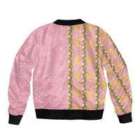 Hawaii Shell Tiare Anthurium Heliconia Lei Sleeve Zip Bomber Jacket With Tapa Pattern Baby Pink LT05 - Polynesian Pride