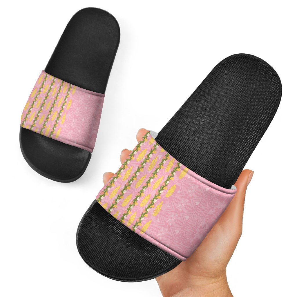 Hawaii Shell Tiare Anthurium Heliconia Lei Slide Sandals With Tapa Pattern Baby Pink LT05 - Polynesian Pride