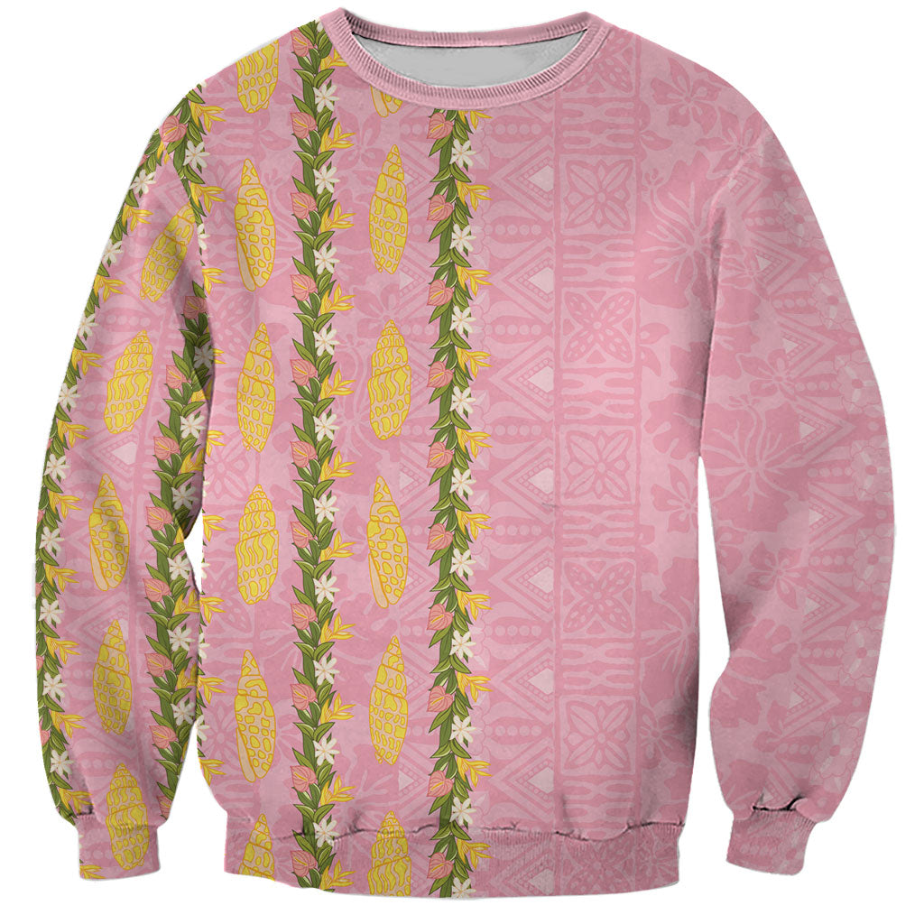 Hawaii Shell Tiare Anthurium Heliconia Lei Sweatshirt With Tapa Pattern Baby Pink LT05 Unisex Pink - Polynesian Pride
