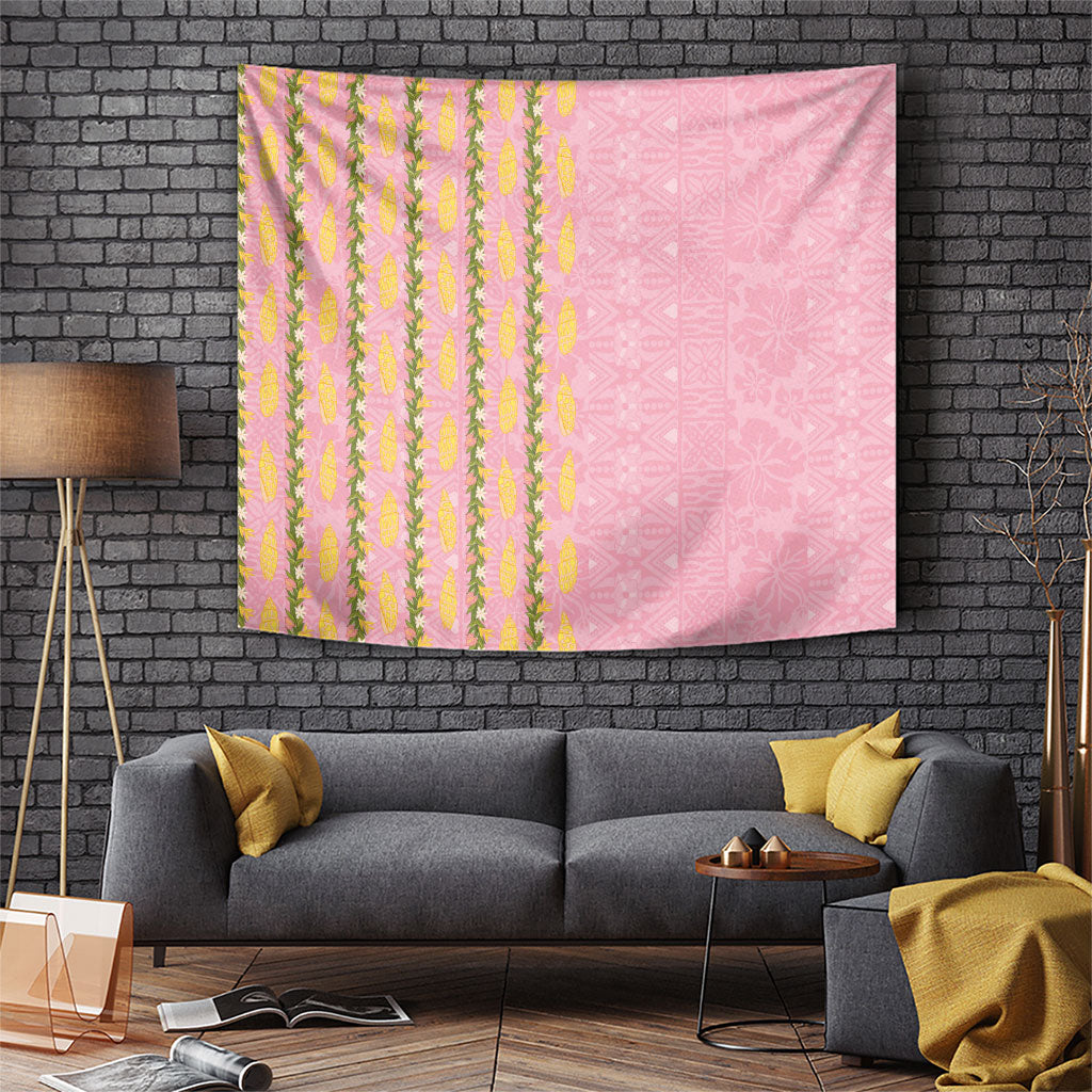 Hawaii Shell Tiare Anthurium Heliconia Lei Tapestry With Tapa Pattern Baby Pink LT05 Pink - Polynesian Pride