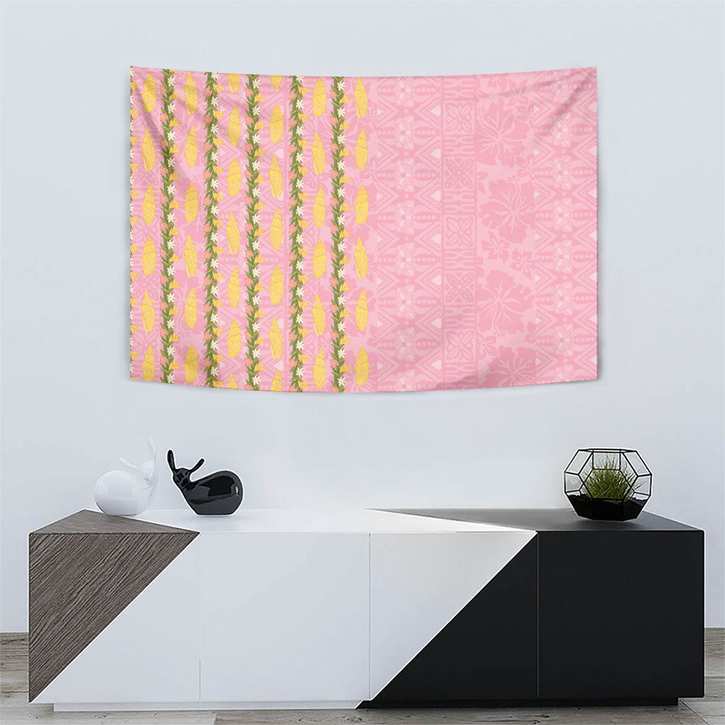 Hawaii Shell Tiare Anthurium Heliconia Lei Tapestry With Tapa Pattern Baby Pink LT05 - Polynesian Pride