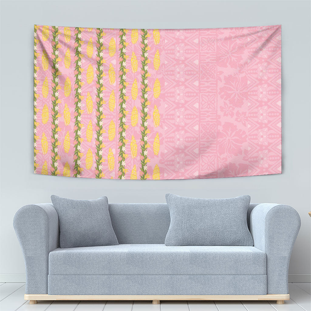 Hawaii Shell Tiare Anthurium Heliconia Lei Tapestry With Tapa Pattern Baby Pink LT05 - Polynesian Pride