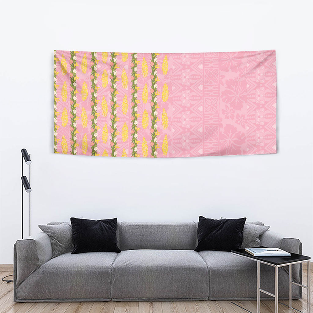 Hawaii Shell Tiare Anthurium Heliconia Lei Tapestry With Tapa Pattern Baby Pink LT05 - Polynesian Pride