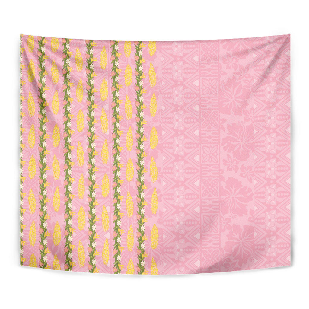 Hawaii Shell Tiare Anthurium Heliconia Lei Tapestry With Tapa Pattern Baby Pink LT05 - Polynesian Pride