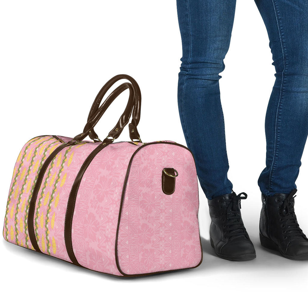 Hawaii Shell Tiare Anthurium Heliconia Lei Travel Bag With Tapa Pattern Baby Pink LT05 - Polynesian Pride