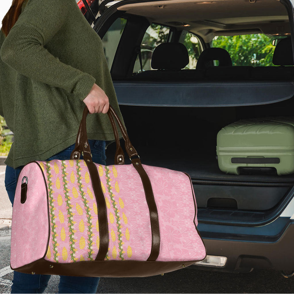 Hawaii Shell Tiare Anthurium Heliconia Lei Travel Bag With Tapa Pattern Baby Pink LT05 - Polynesian Pride