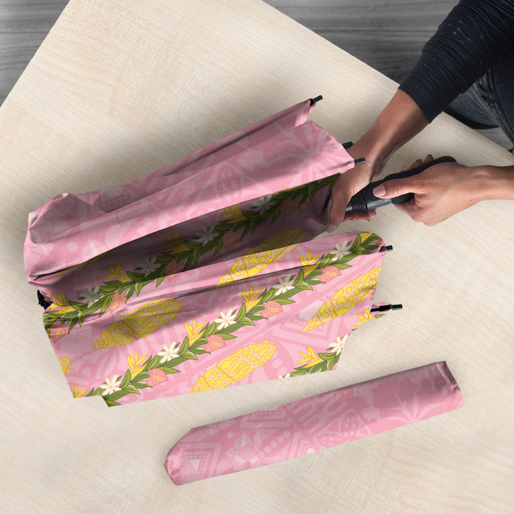 Hawaii Shell Tiare Anthurium Heliconia Lei Umbrella With Tapa Pattern Baby Pink LT05 - Polynesian Pride