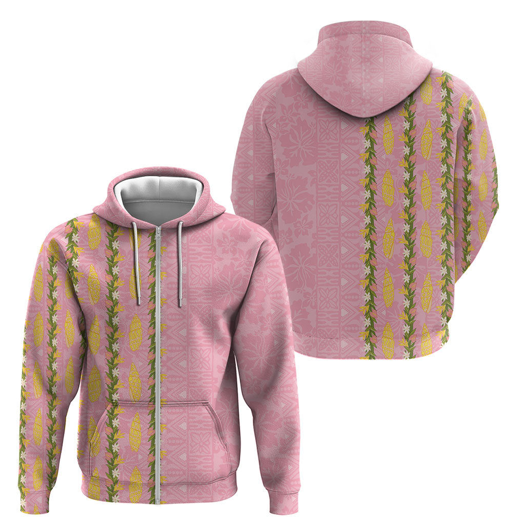 Hawaii Shell Tiare Anthurium Heliconia Lei Zip Hoodie With Tapa Pattern Baby Pink LT05 - Polynesian Pride