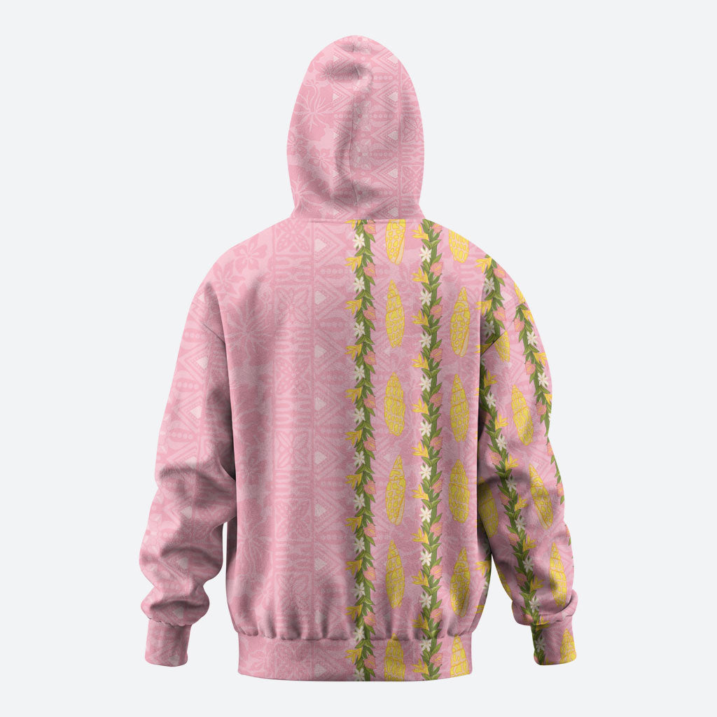 Hawaii Shell Tiare Anthurium Heliconia Lei Zip Hoodie With Tapa Pattern Baby Pink LT05 - Polynesian Pride