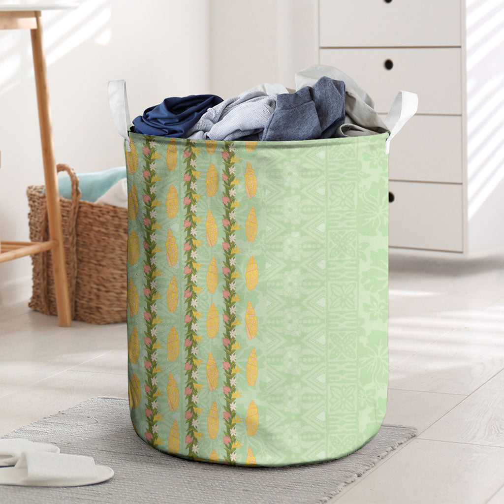 Hawaii Shell Tiare Anthurium Heliconia Lei Laundry Basket With Tapa Pattern Baby Green LT05 Green - Polynesian Pride