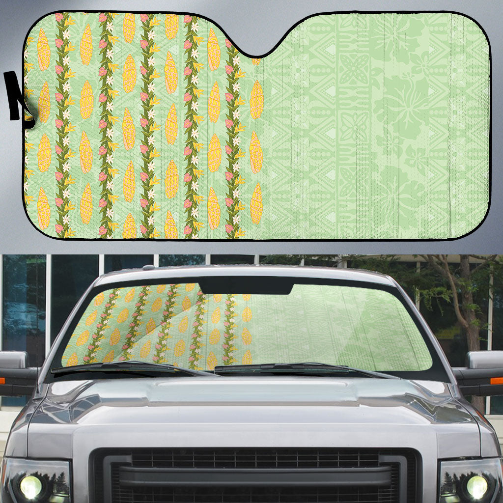 Hawaii Shell Tiare Anthurium Heliconia Lei Auto Sun Shade With Tapa Pattern Baby Green LT05 Green - Polynesian Pride