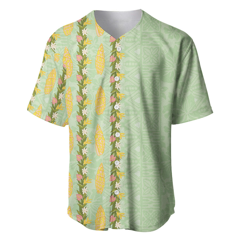 Hawaii Shell Tiare Anthurium Heliconia Lei Baseball Jersey With Tapa Pattern Baby Green LT05 Green - Polynesian Pride