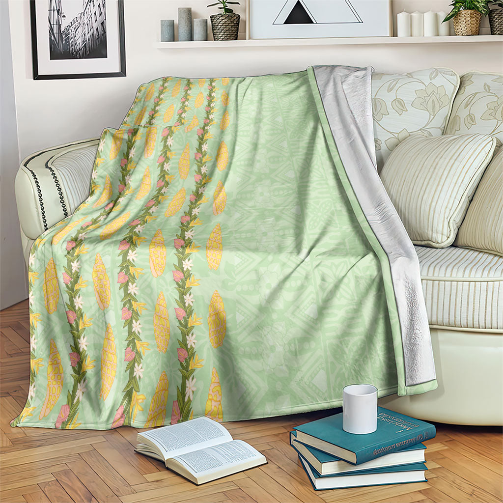 Hawaii Shell Tiare Anthurium Heliconia Lei Blanket With Tapa Pattern Baby Green LT05 Green - Polynesian Pride