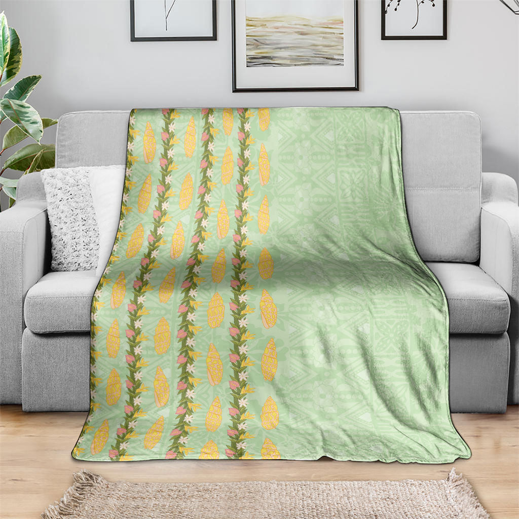 Hawaii Shell Tiare Anthurium Heliconia Lei Blanket With Tapa Pattern Baby Green LT05 - Polynesian Pride