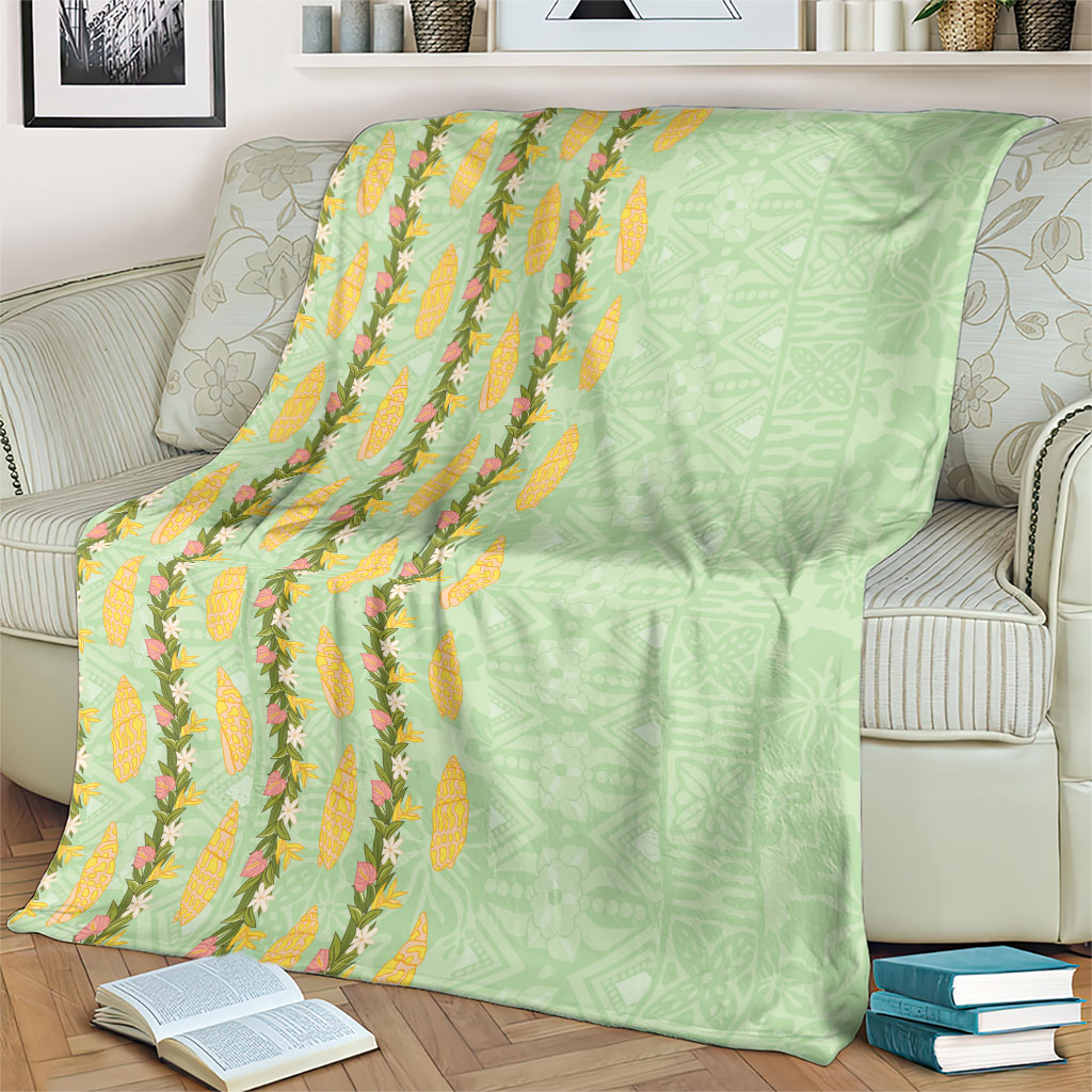 Hawaii Shell Tiare Anthurium Heliconia Lei Blanket With Tapa Pattern Baby Green LT05 - Polynesian Pride
