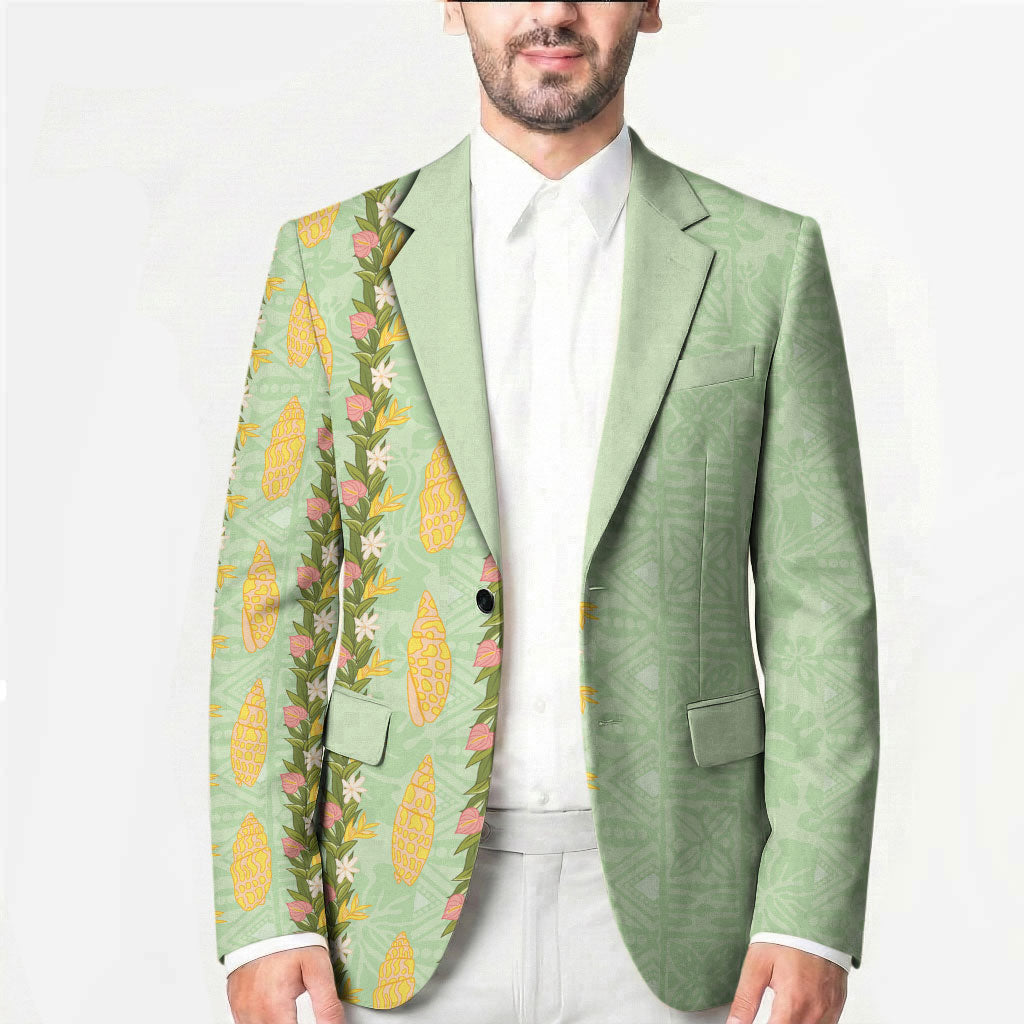 Hawaii Shell Tiare Anthurium Heliconia Lei Blazer With Tapa Pattern Baby Green LT05 - Polynesian Pride