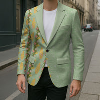 Hawaii Shell Tiare Anthurium Heliconia Lei Blazer With Tapa Pattern Baby Green LT05 - Polynesian Pride
