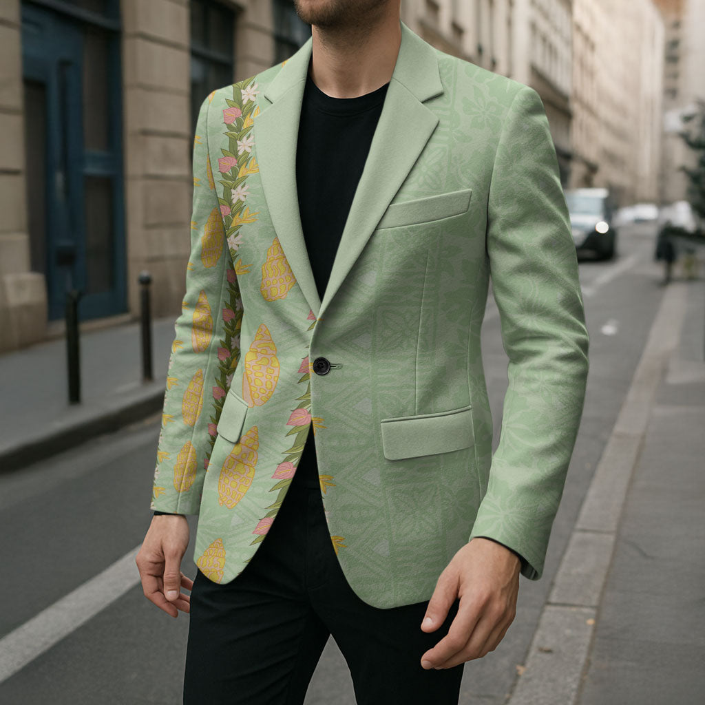 Hawaii Shell Tiare Anthurium Heliconia Lei Blazer With Tapa Pattern Baby Green LT05 - Polynesian Pride