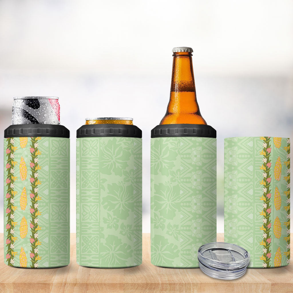 Hawaii Shell Tiare Anthurium Heliconia Lei 4 in 1 Can Cooler Tumbler With Tapa Pattern Baby Green LT05 - Polynesian Pride