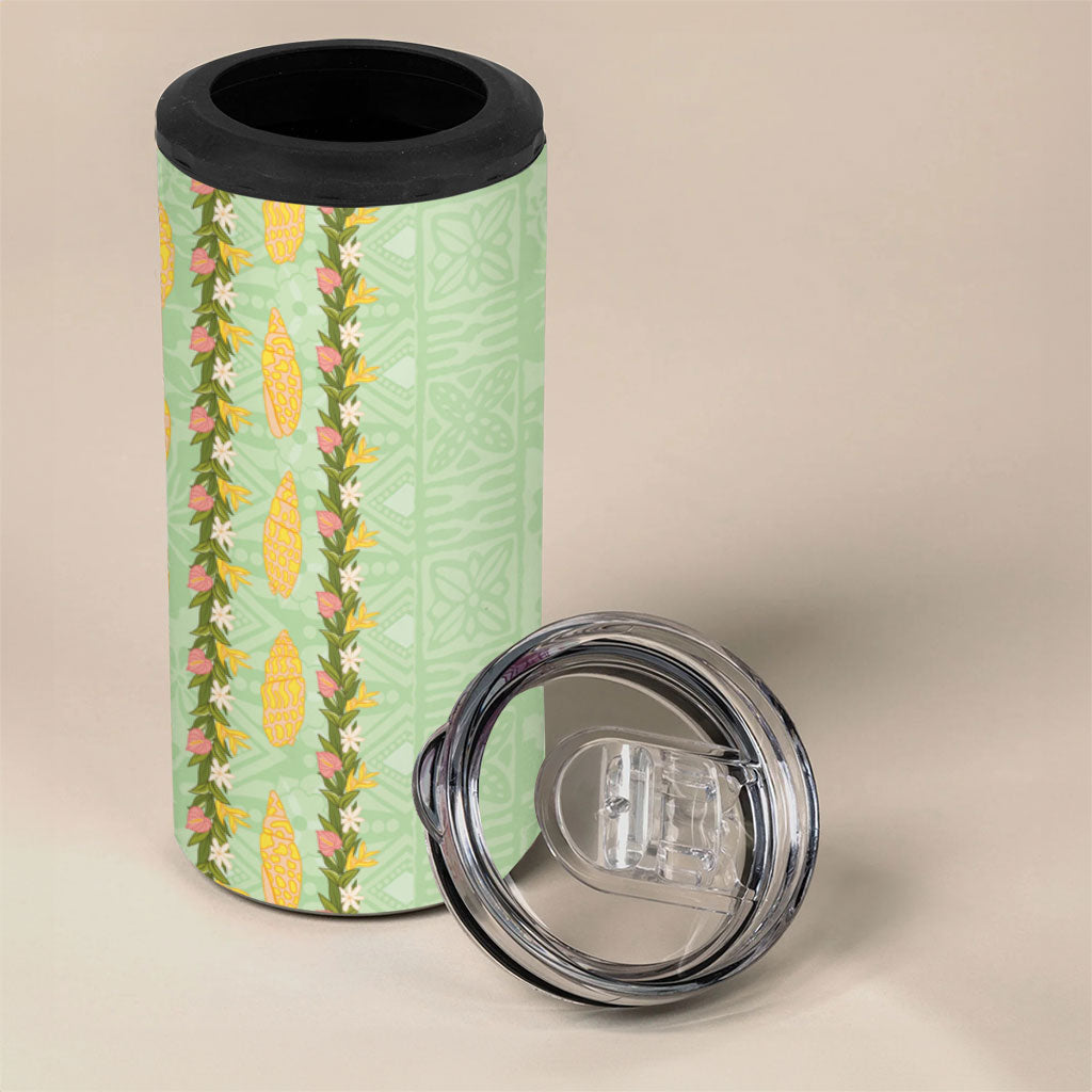 Hawaii Shell Tiare Anthurium Heliconia Lei 4 in 1 Can Cooler Tumbler With Tapa Pattern Baby Green LT05 - Polynesian Pride