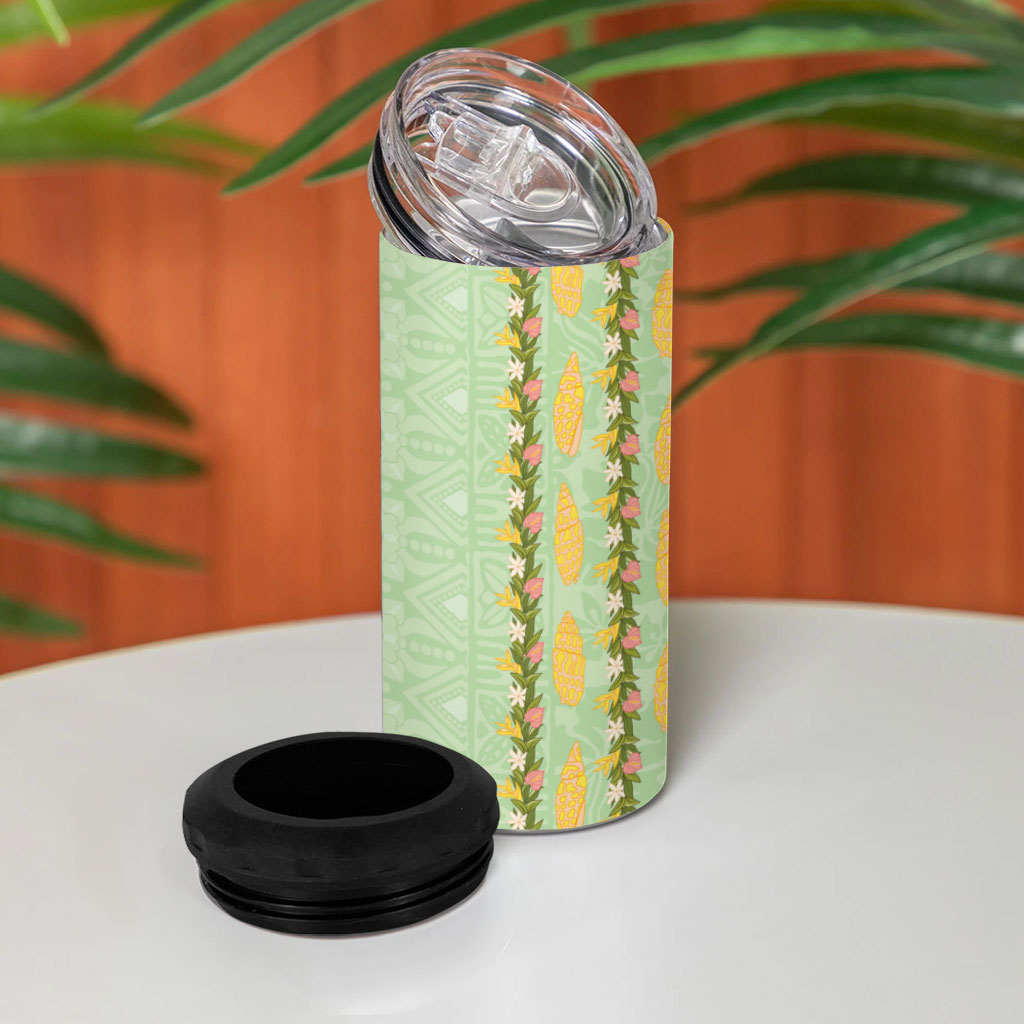 Hawaii Shell Tiare Anthurium Heliconia Lei 4 in 1 Can Cooler Tumbler With Tapa Pattern Baby Green LT05 - Polynesian Pride