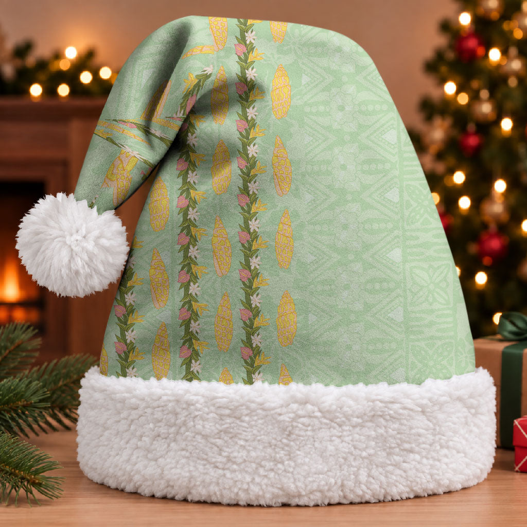 Hawaii Shell Tiare Anthurium Heliconia Lei Christmas Santa Hat With Tapa Pattern Baby Green LT05 With Fur Green - Polynesian Pride