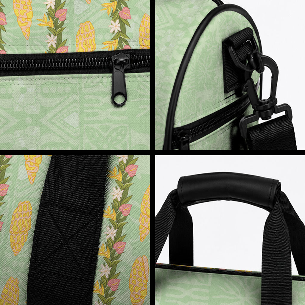 Hawaii Shell Tiare Anthurium Heliconia Lei Duffle Bag With Tapa Pattern Baby Green LT05 - Polynesian Pride