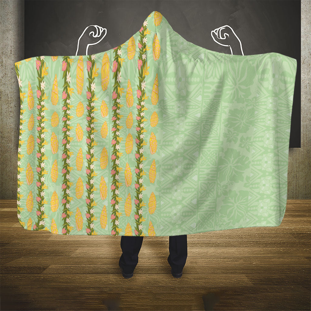 Hawaii Shell Tiare Anthurium Heliconia Lei Hooded Blanket With Tapa Pattern Baby Green LT05 - Polynesian Pride