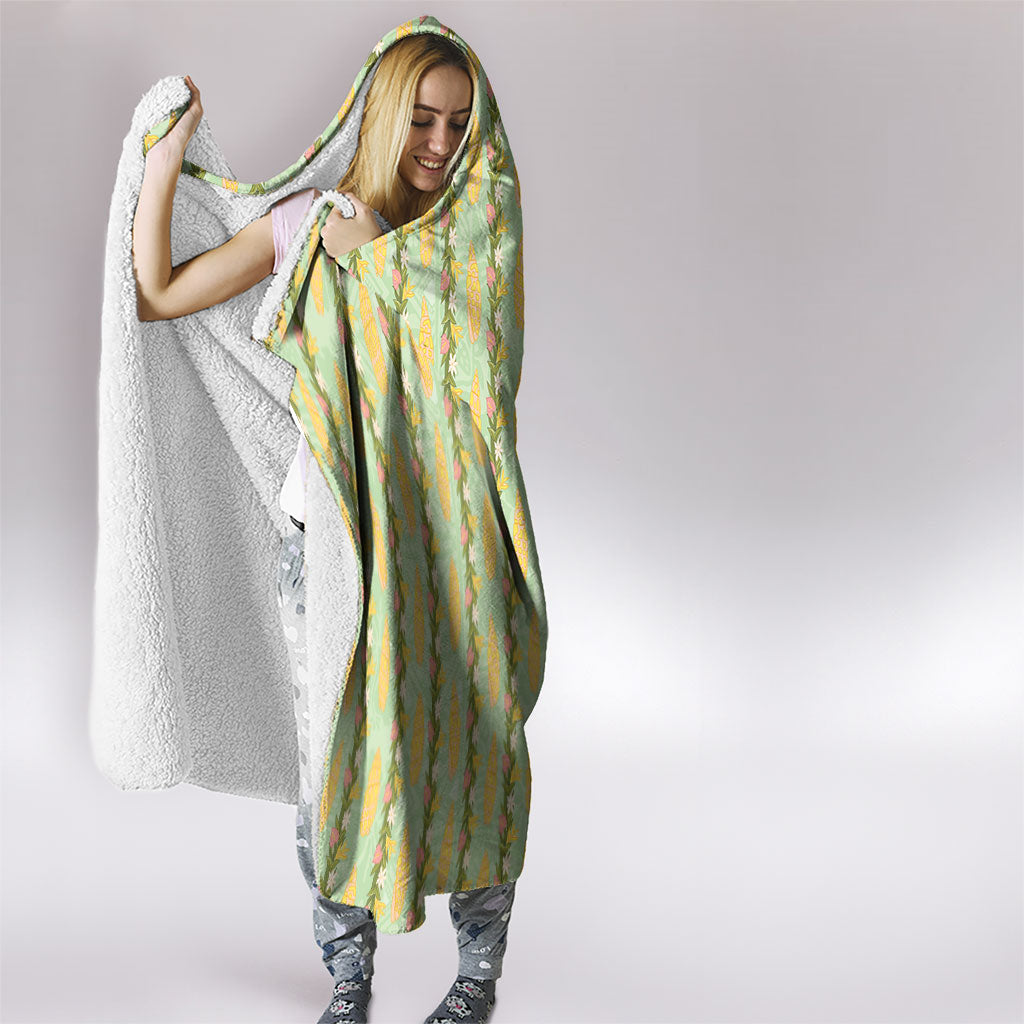 Hawaii Shell Tiare Anthurium Heliconia Lei Hooded Blanket With Tapa Pattern Baby Green LT05 - Polynesian Pride
