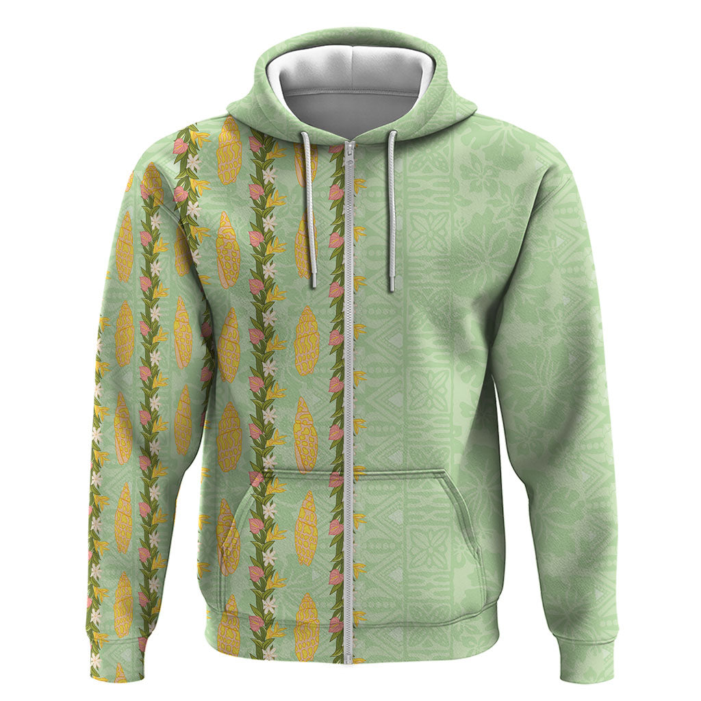 Hawaii Shell Tiare Anthurium Heliconia Lei Hoodie With Tapa Pattern Baby Green LT05 Zip Hoodie Green - Polynesian Pride