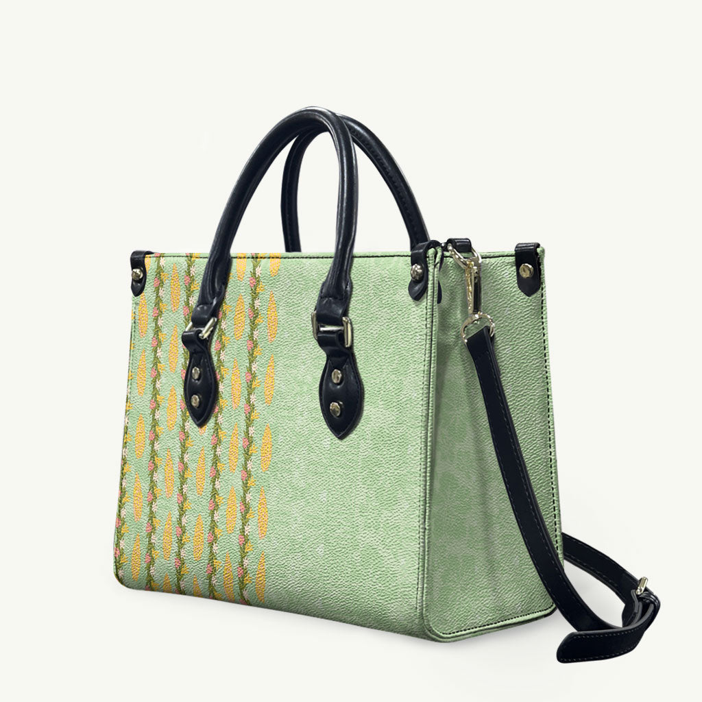 Hawaii Shell Tiare Anthurium Heliconia Lei Leather Bag With Tapa Pattern Baby Green LT05 Green - Polynesian Pride