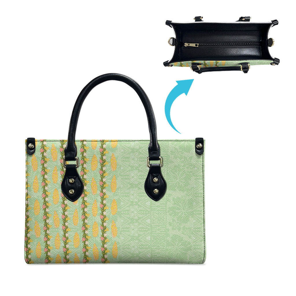 Hawaii Shell Tiare Anthurium Heliconia Lei Leather Bag With Tapa Pattern Baby Green LT05 - Polynesian Pride