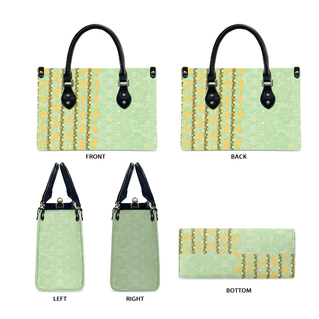 Hawaii Shell Tiare Anthurium Heliconia Lei Leather Bag With Tapa Pattern Baby Green LT05 - Polynesian Pride