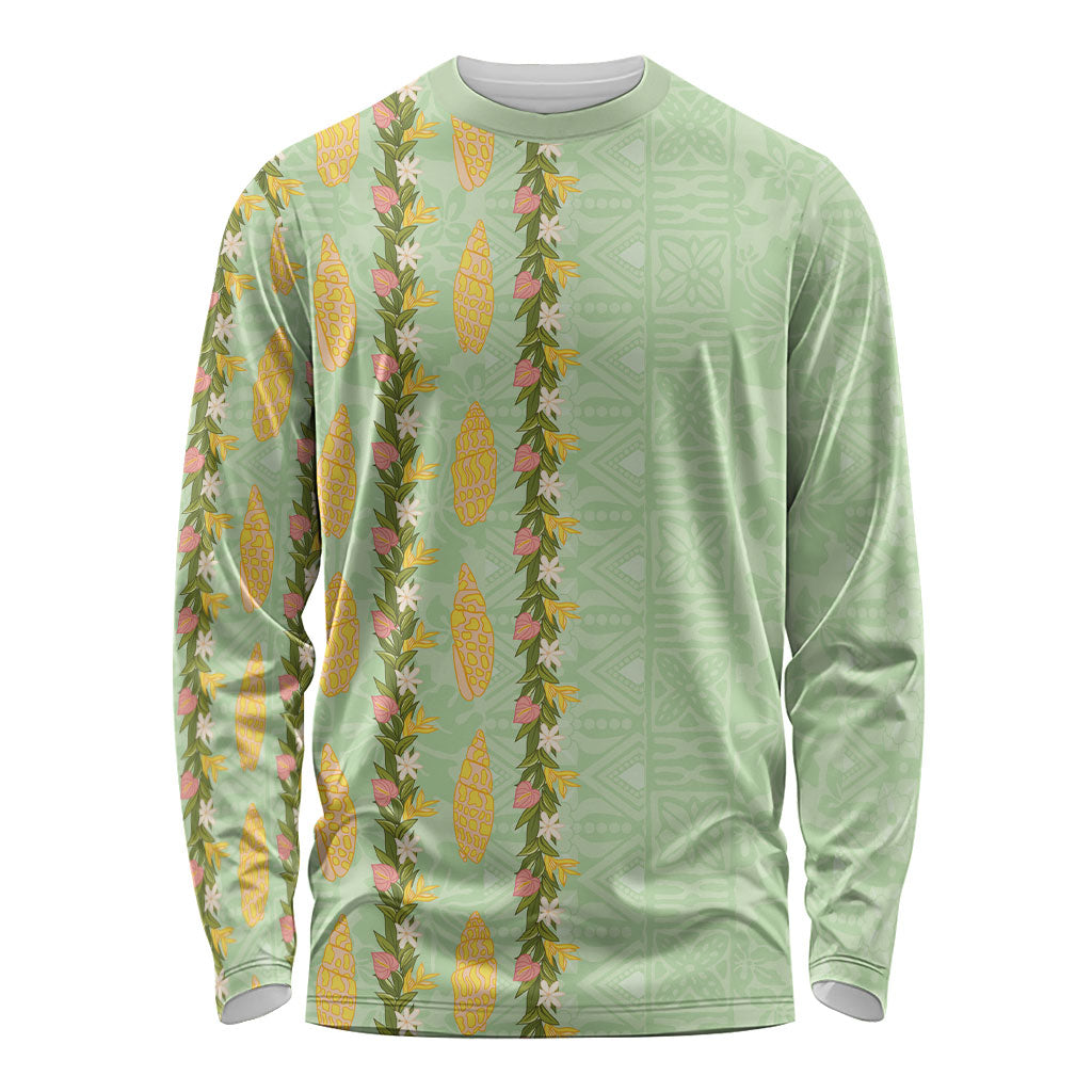 Hawaii Shell Tiare Anthurium Heliconia Lei Long Sleeve Shirt With Tapa Pattern Baby Green LT05 Unisex Green - Polynesian Pride