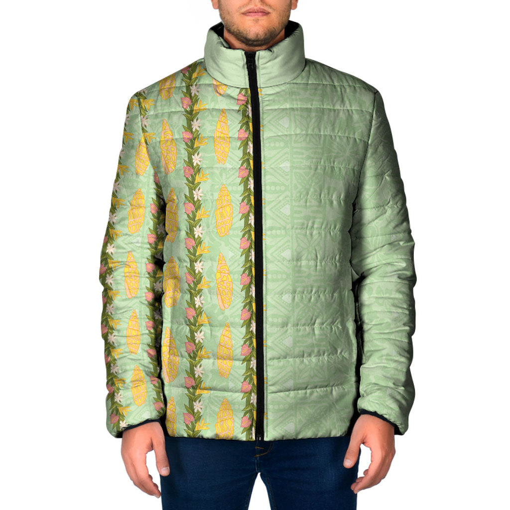 Hawaii Shell Tiare Anthurium Heliconia Lei Padded Jacket With Tapa Pattern Baby Green LT05 Men Green - Polynesian Pride