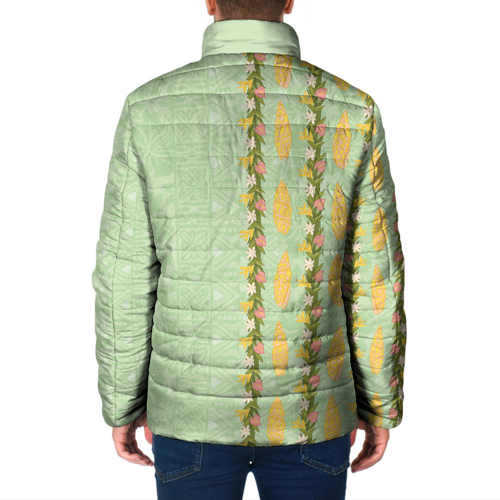 Hawaii Shell Tiare Anthurium Heliconia Lei Padded Jacket With Tapa Pattern Baby Green LT05 - Polynesian Pride