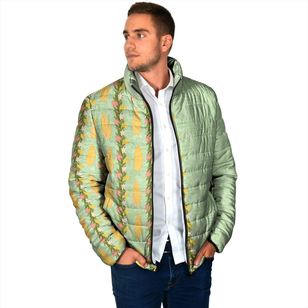 Hawaii Shell Tiare Anthurium Heliconia Lei Padded Jacket With Tapa Pattern Baby Green LT05 - Polynesian Pride