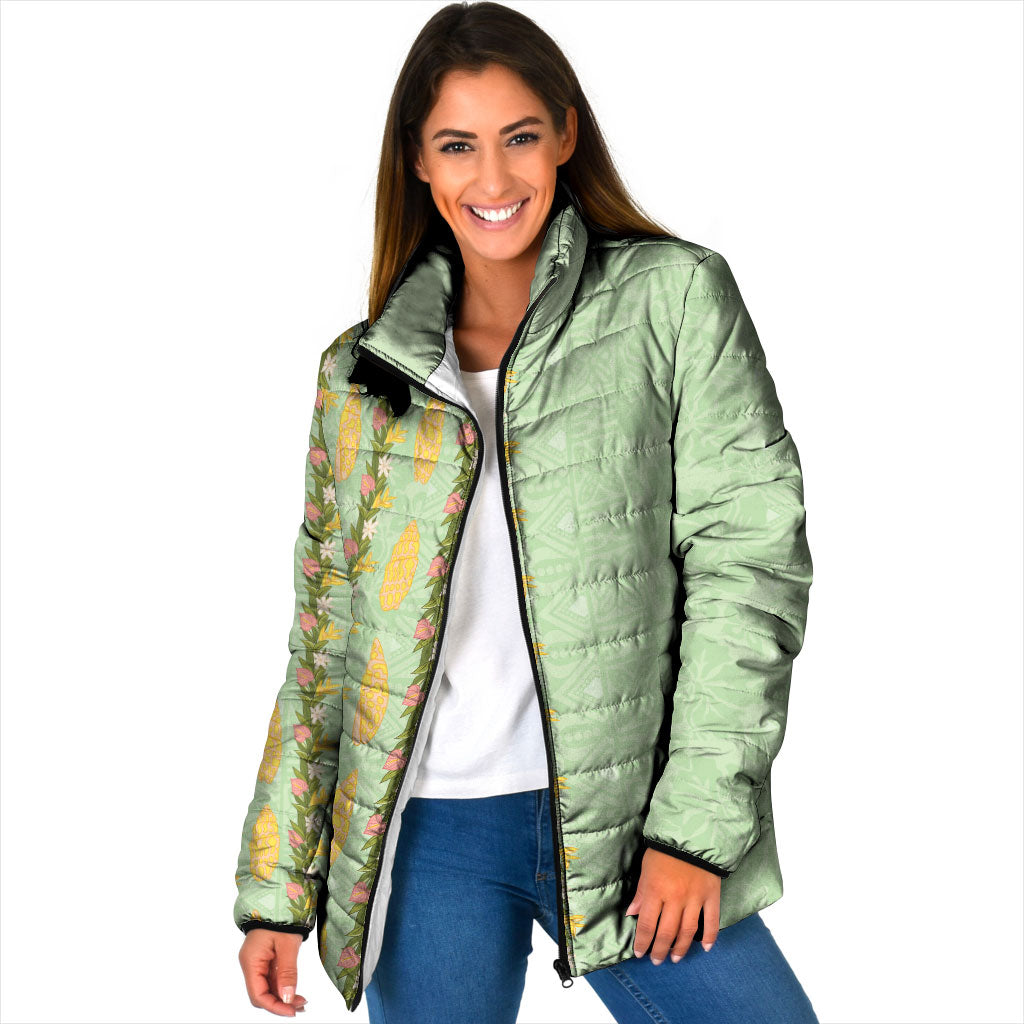 Hawaii Shell Tiare Anthurium Heliconia Lei Padded Jacket With Tapa Pattern Baby Green LT05 Women Green - Polynesian Pride