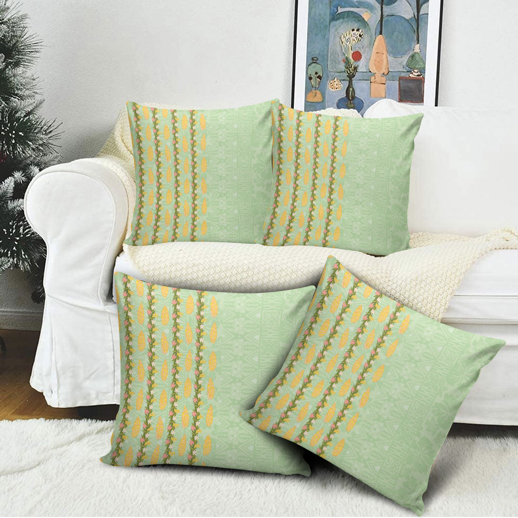 Hawaii Shell Tiare Anthurium Heliconia Lei Pillow Cover With Tapa Pattern Baby Green LT05 - Polynesian Pride
